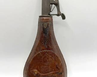 AM Leather Powder Flask 2 1/2 lb., Civil War Era, Embossed with Hunting Dog