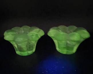 Pair of Glass Candle Holders with Green Ultraviolet Glow