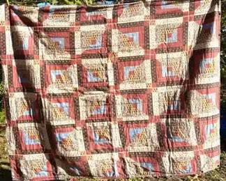 Traditional Log Cabin Pattern Handmade Patchwork Quilt w/ Snaps