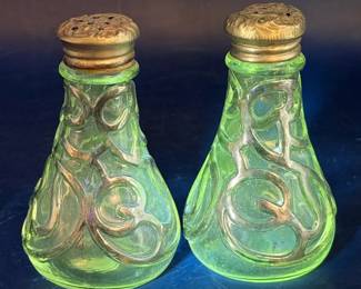 Art Nouveau Salt & Pepper Shakers With Silver Tone Overlay