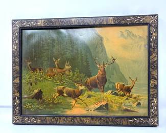 Deer Print in Pretty Carved Frame *Missing Glass