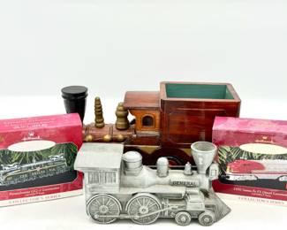 Metal Train Bank, Wooden Train & (2) Hallmark Train Ornaments