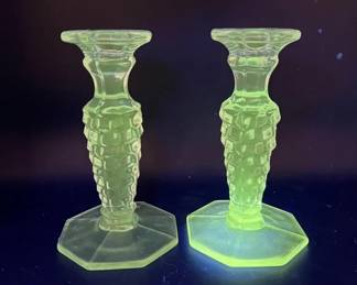 Pair of Candlesticks with Green Ultraviolet Glow