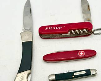 (4) Pocket Knives-Sabre, Sharp, Frontier & Swiss