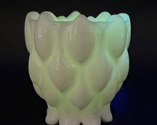 Fostoria Frisco Milk Glass Toothpick Dish with Green Ultraviolet Glow