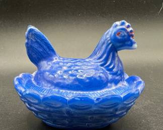 Diminutive 2” Blue Ceramic Hen on Nest