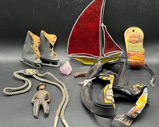 Eclectic Collection including Vintage Skookum Papoose Baby Doll Mounted on a Small Cradleboard