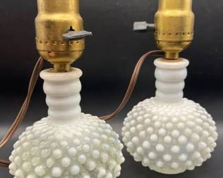 Pair of Fenton Opalescent Moonstone Glass Hobnail Boudoir Lamps