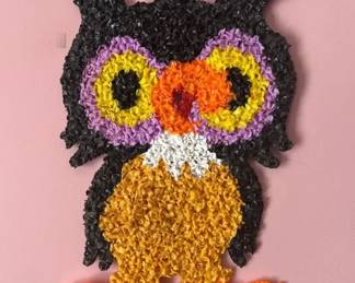 1970s Melted Plastic Popcorn 16” Owl Halloween Decor