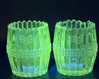 (2) 1890s EAPG Bryce Higbee Beauty Banded Barrel Glass Toothpick Holders