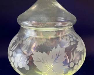 Glass Lidded Container with Etched Design — Reactive To Ultraviolet Light
