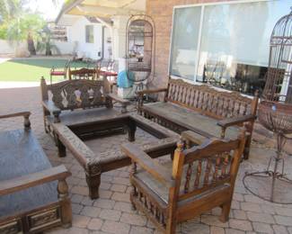 Spanish Revival Hand Carved Benches & Chairs w/Large Coffee Table (glass included)