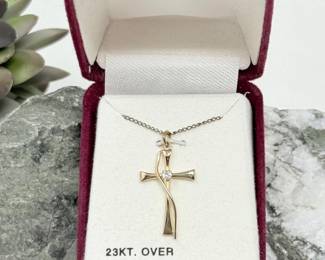 9 23ktGoldOverSterlingSilverCrossPendantwithClearStone
