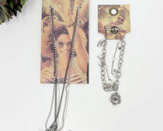161 HardRockCafeSilverToneCharmNecklaceBraceletSet