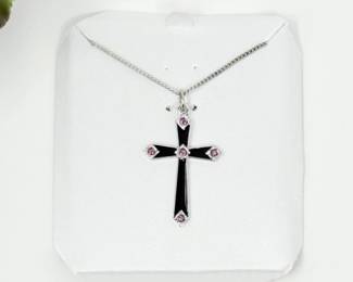 63 BlackEnamelCrossNecklacewithPinkCrystalAccents
