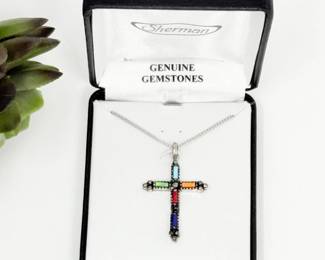 80 SterlingSilverMultiGemstoneCrossPendant