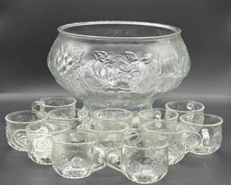 147 VintageEmbossedGlassPunchBowlwith12Cups