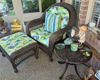 Wicker chair , Ottoman and 1 of several aluminum tables