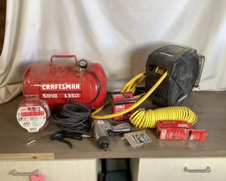5-Gal Air Tank, Hose Reel and Pneumatic tools