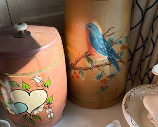 painted wood cracker barrel, churn
