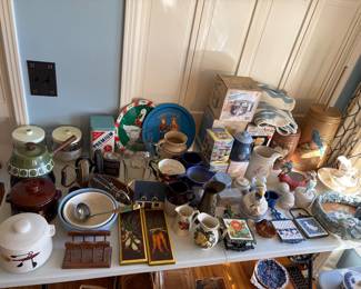 Vintage kitchenware, including country, blue and goose motif