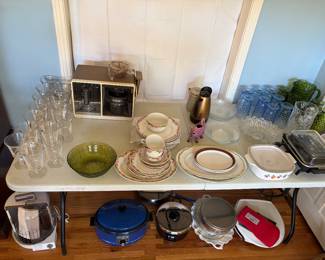 Fortoria glassware, small kitchen appliances, and pots and pans, colored glass