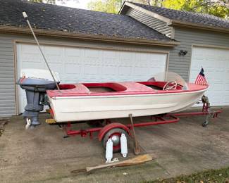 1956 Glasspar Club Lido fiberglass boat, 40 HP; original Gator trailer, Evinrude motor.  See Description for more details. $3,500. Available for pre-purchase. 