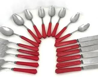 VTG 19pc Cherry Red Bakelite Flatware Set Faceted Art Deco Handles