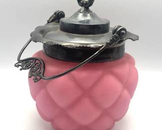 Antique Victorian Quilted Satin Pink Biscuit Jar Silver Tone Lid Granny
