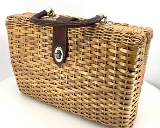 Vintage Mid Century Woven Rattan Handbag Made in British Hong Kong Clasp