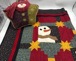 Holiday Snowman Quilt Approx  48 Inches with Snowman Star Pillow
