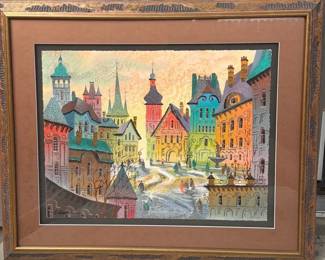 Signed Anatole Krasnyansky Color Seriograph Red Sunset Prague