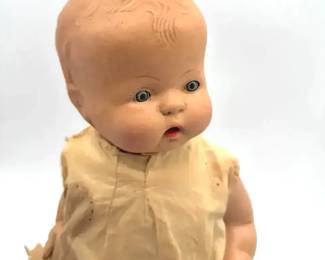 Antique Composition Newborn Baby Doll with Long Lace Gown 14 Inch with Sweater