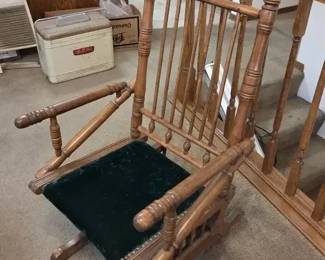 Wooden SpindleBack Rocking Chair with Green Upholstered Seat
