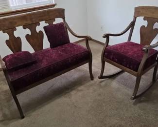 Vintage Wood Settee  Matching Rocking Chair with Burgundy Upholstery