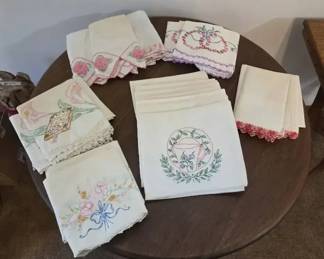 Embroidered Pillowcases  Tea Towels with Crocheted Lace Edging