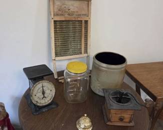 Vintage Washboard, Kitchen Scale, Coffee Grinder, Stoneware Crock  Collectibles