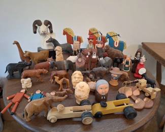 Large Collection of HandCarved Wooden Animals, Figures  Folk Art