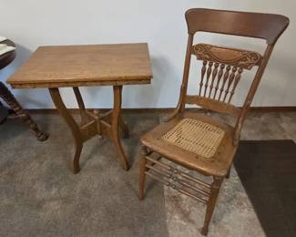 Cane Seat Spindle Back Chair  Oak Accent Table