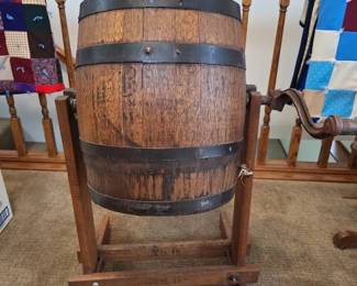 Antique Wooden Barrel Butter Churn with Hand Crank  Stand