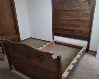 Antique Ornately Carved Oak HighBack Bed Frame