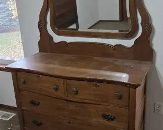 Antique Oak Dresser with Ornate Carved Mirror  Dovetail Drawers