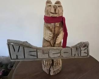 HandCarved Wooden Welcome Bear with Red Scarf  Rustic Folk Art