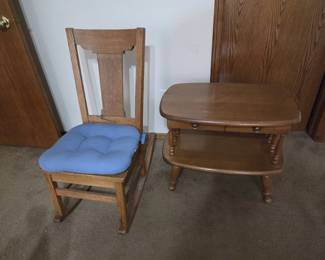 Oak Rocking Chair with Blue Cushion  Wood Coffee Table
