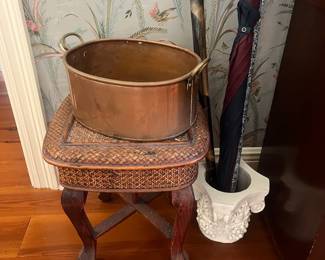 Copper planter, walking sticks 