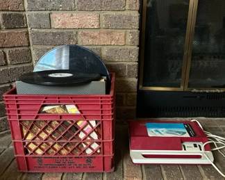 Vintage Solid State Radio Phonograph and Case Full of Vinyl Records