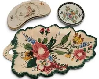 Italian Majolica HandPainted Leaf Platter, Cherub Crescent Plates More