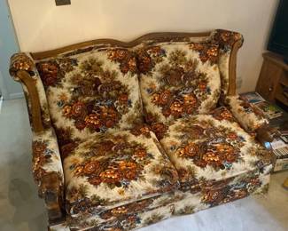 Vintage Rustic Wood and Upholstery Sofa, Clayton Marcus #1