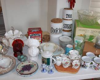 Antique crystal punch set milk glass porcelain Flour jars tea set