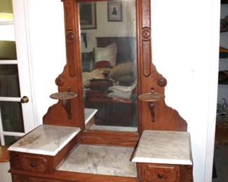 Antique Eastlake Marble Victorian Vanity Burl wood mirror